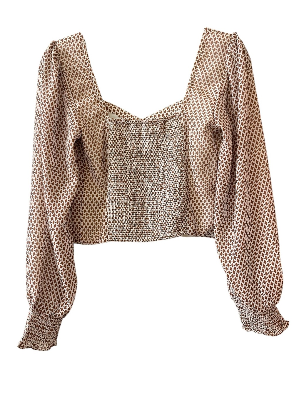 Abercrombie Cropped Brown and White Printed Long Sleeve Blouse Small - Picture 2 of 5